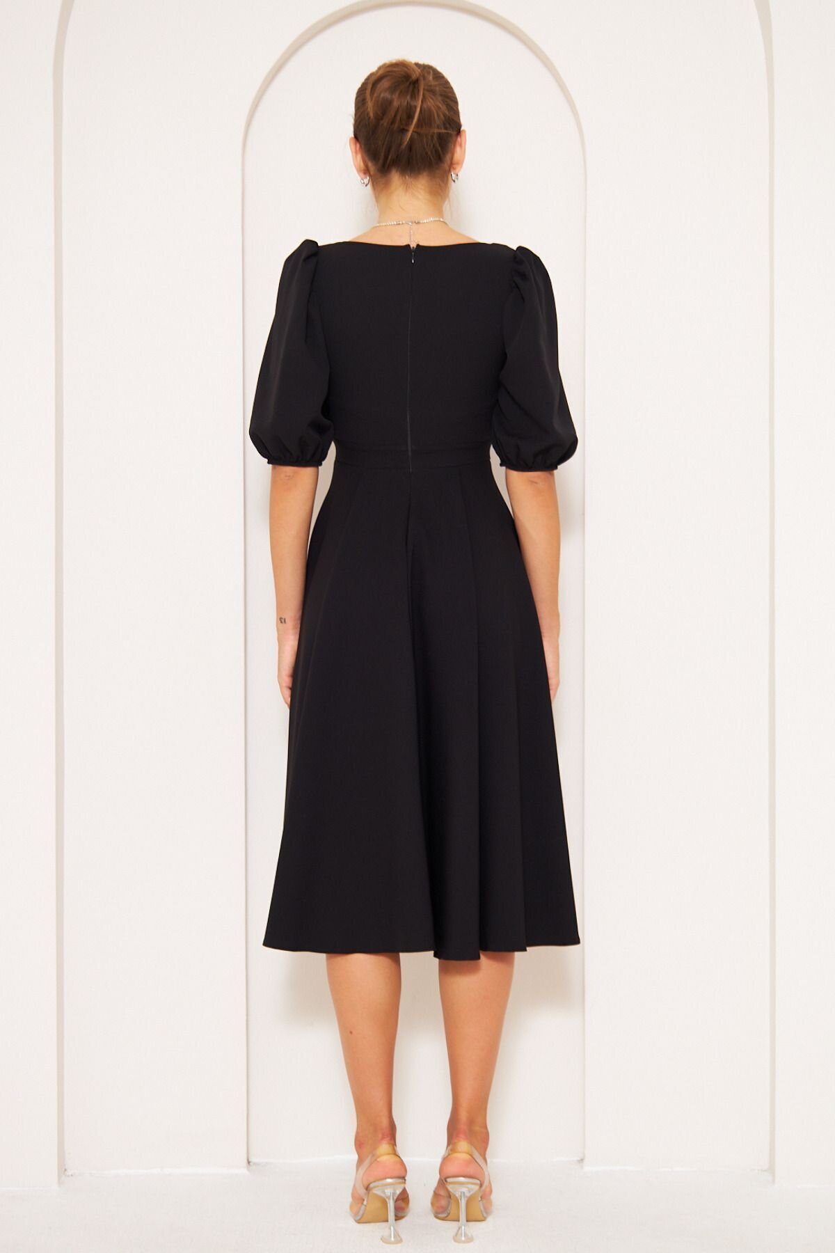 Midi Drapey Woven Balloon Sleeve Square Neck Dress - Black - Bidoluelbise
