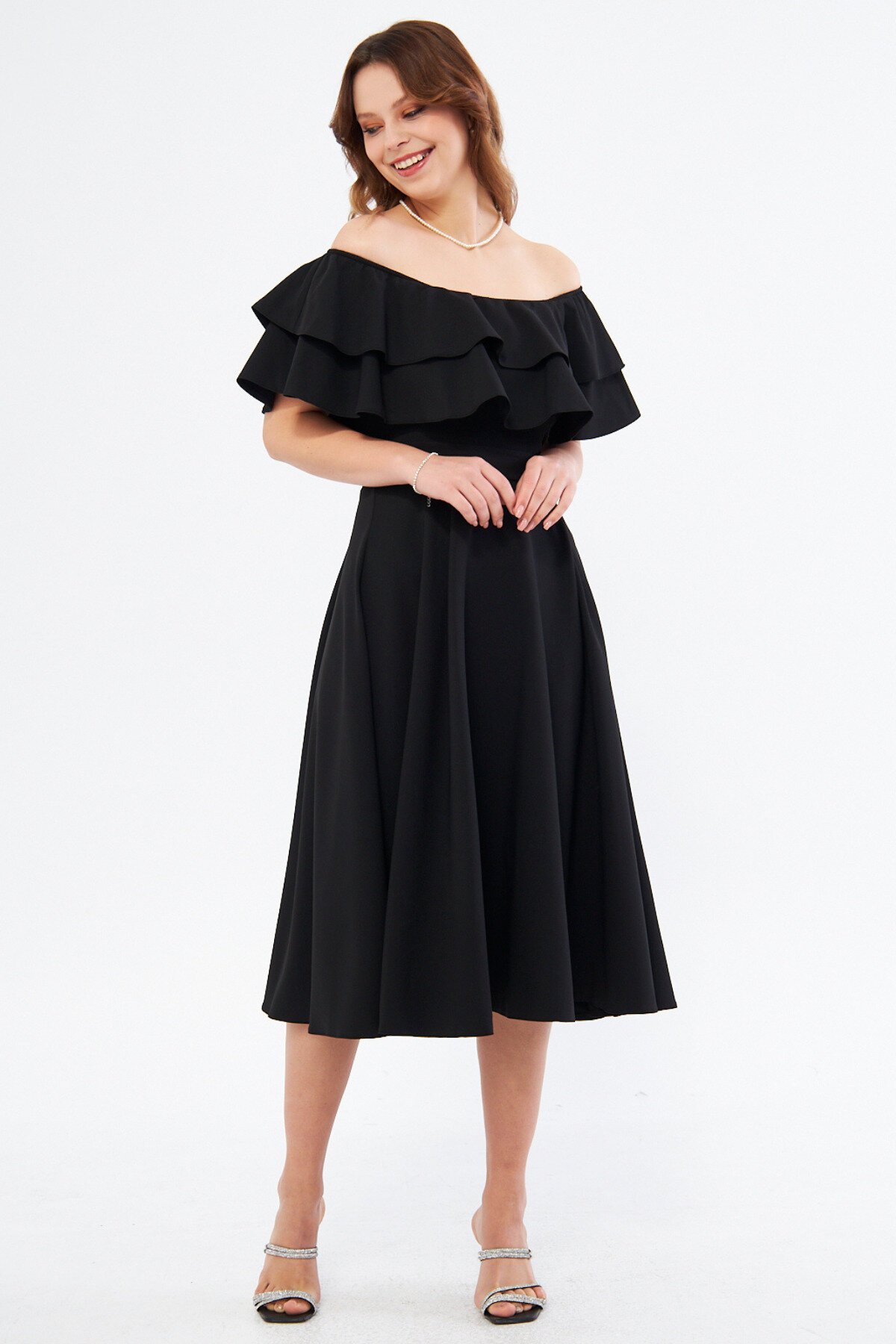 Midi Flowy Woven Off-Shoulder Ruffle Collar Dress - Black - Bidoluelbise