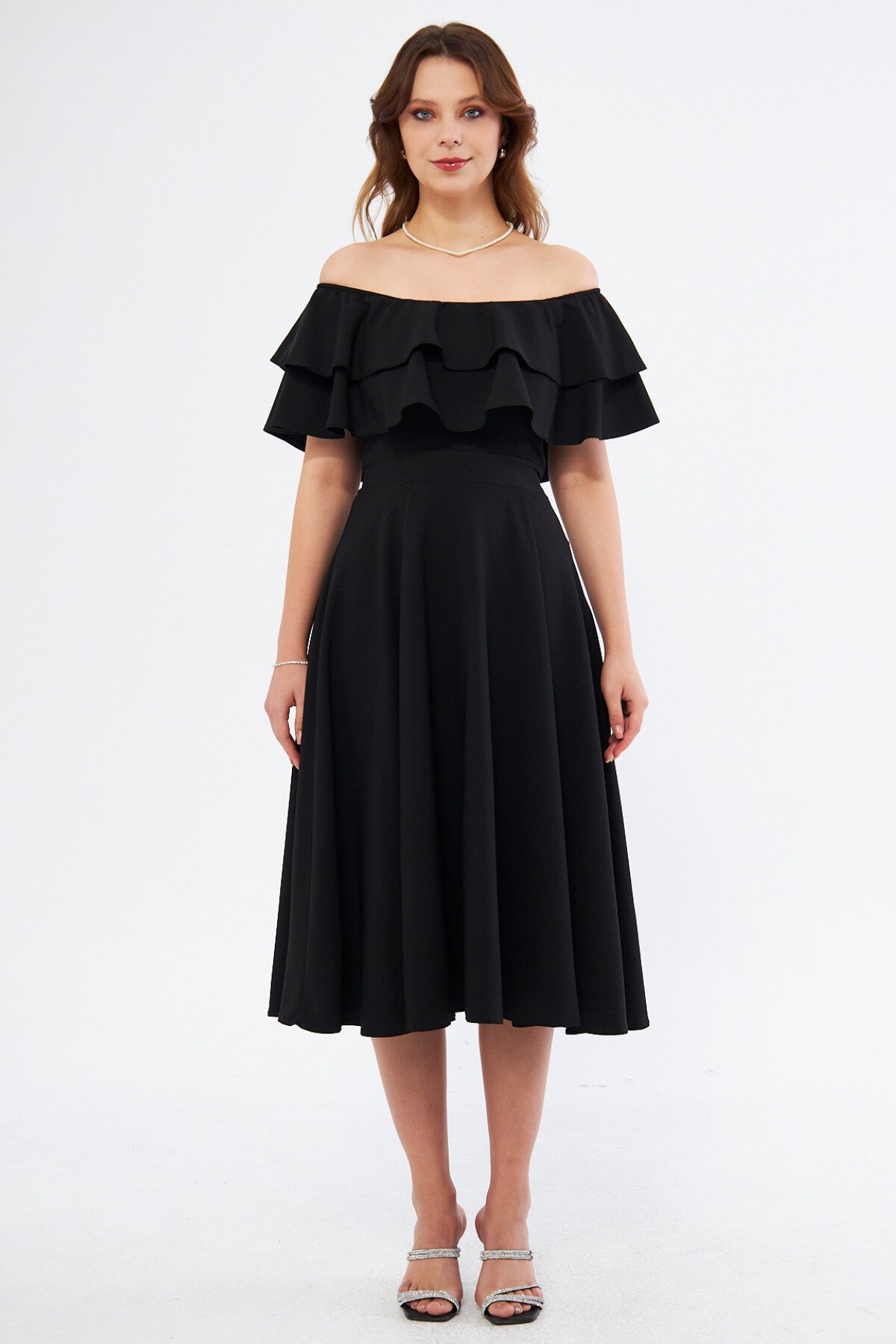 Midi Flowy Woven Off-Shoulder Ruffle Collar Dress - Black - Bidoluelbise