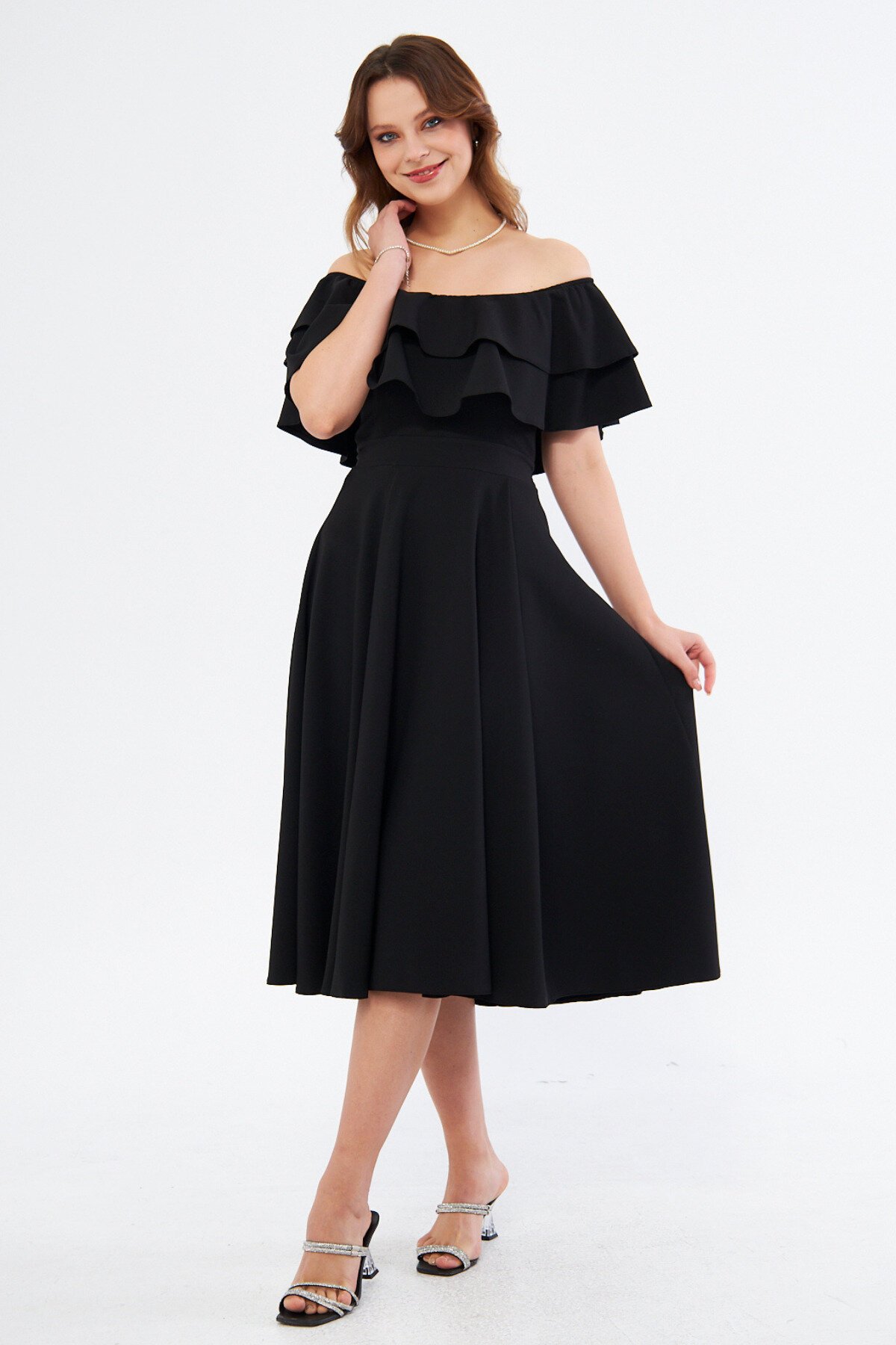 Midi Flowy Woven Off-Shoulder Ruffle Collar Dress - Black - Bidoluelbise
