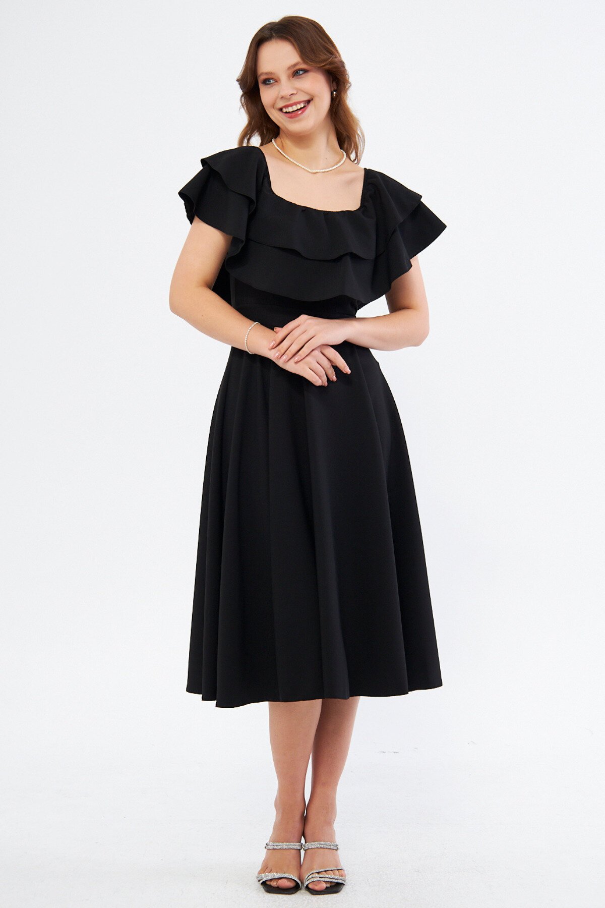 Midi Flowy Woven Off-Shoulder Ruffle Collar Dress - Black - Bidoluelbise