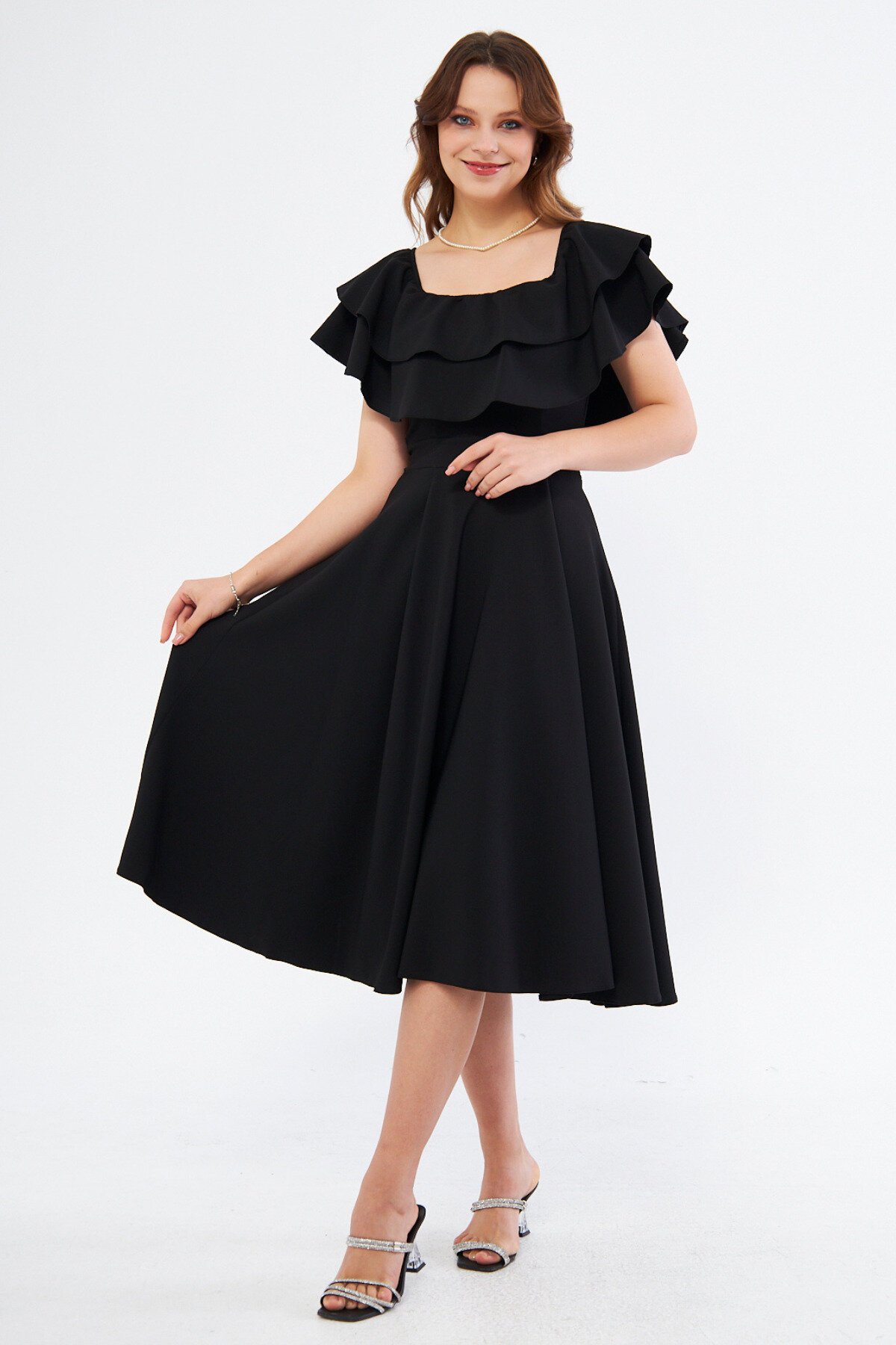 Midi Flowy Woven Off-Shoulder Ruffle Collar Dress - Black - Bidoluelbise