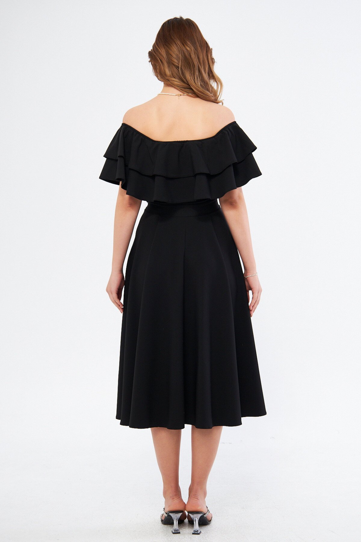 Midi Flowy Woven Off-Shoulder Ruffle Collar Dress - Black - Bidoluelbise