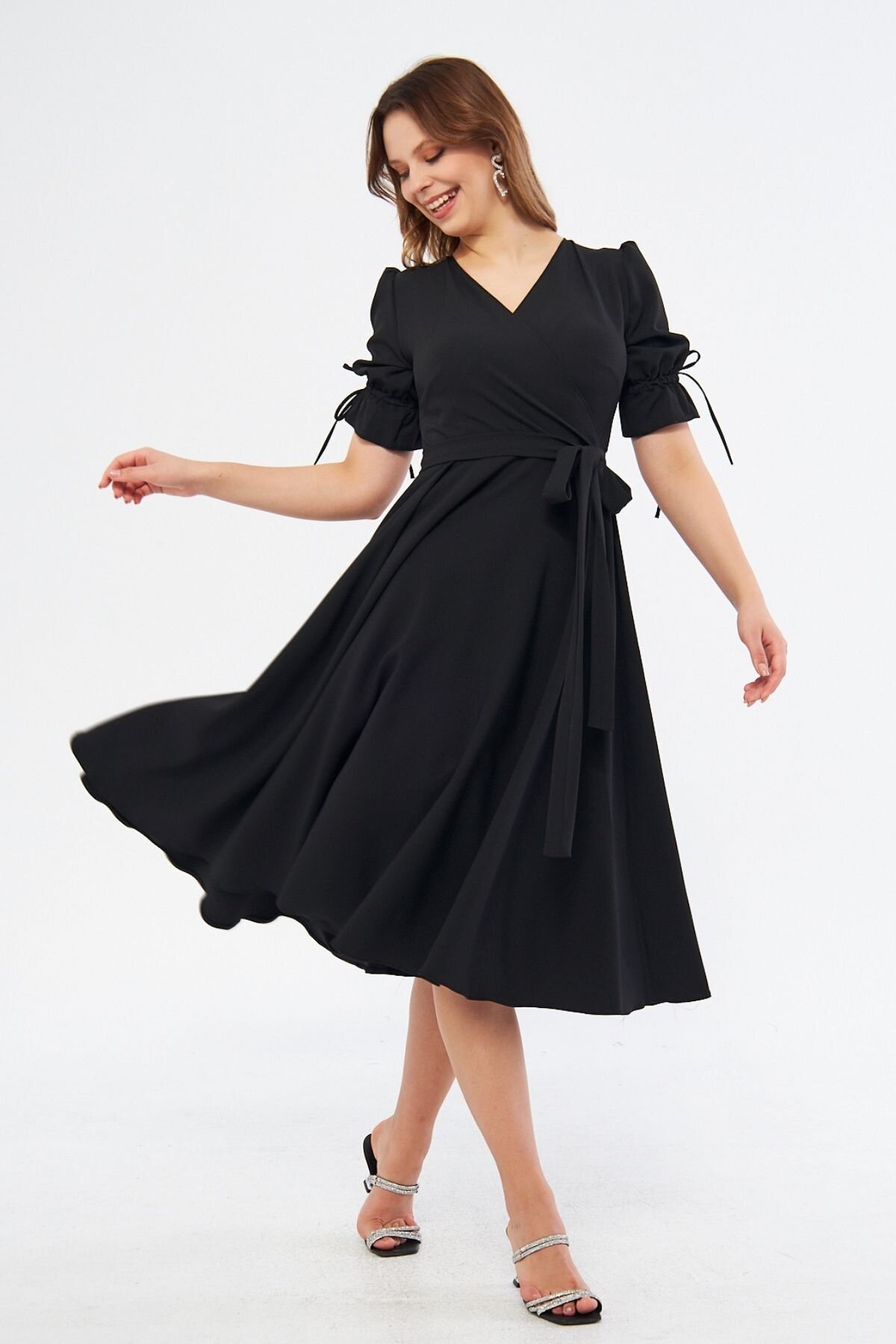 Midi Ruched Short-Sleeve Wrap-Neck Belted Dress - Black - Bidoluelbise