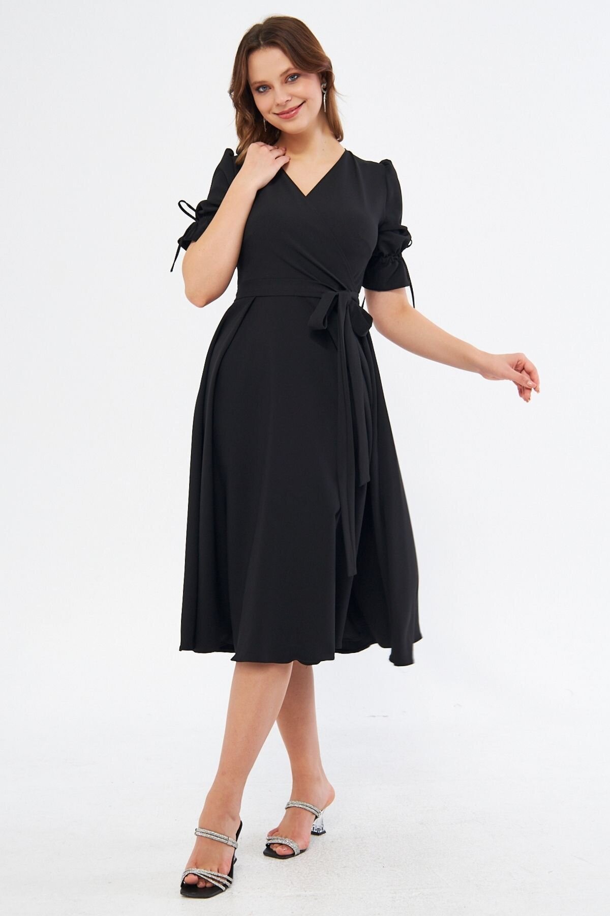Midi Ruched Short-Sleeve Wrap-Neck Belted Dress - Black - Bidoluelbise