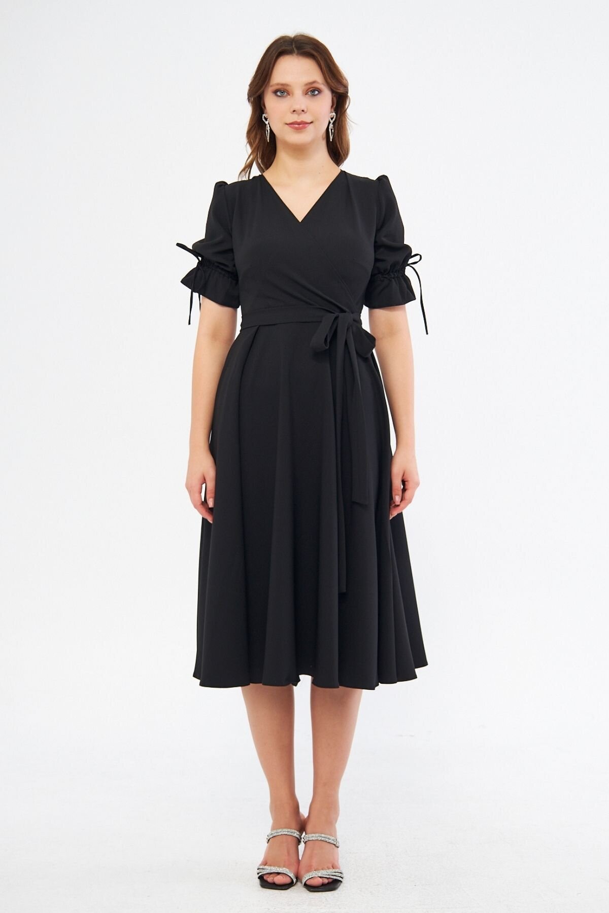 Midi Ruched Short-Sleeve Wrap-Neck Belted Dress - Black - Bidoluelbise