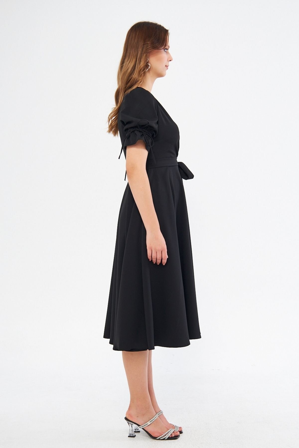 Midi Ruched Short-Sleeve Wrap-Neck Belted Dress - Black - Bidoluelbise