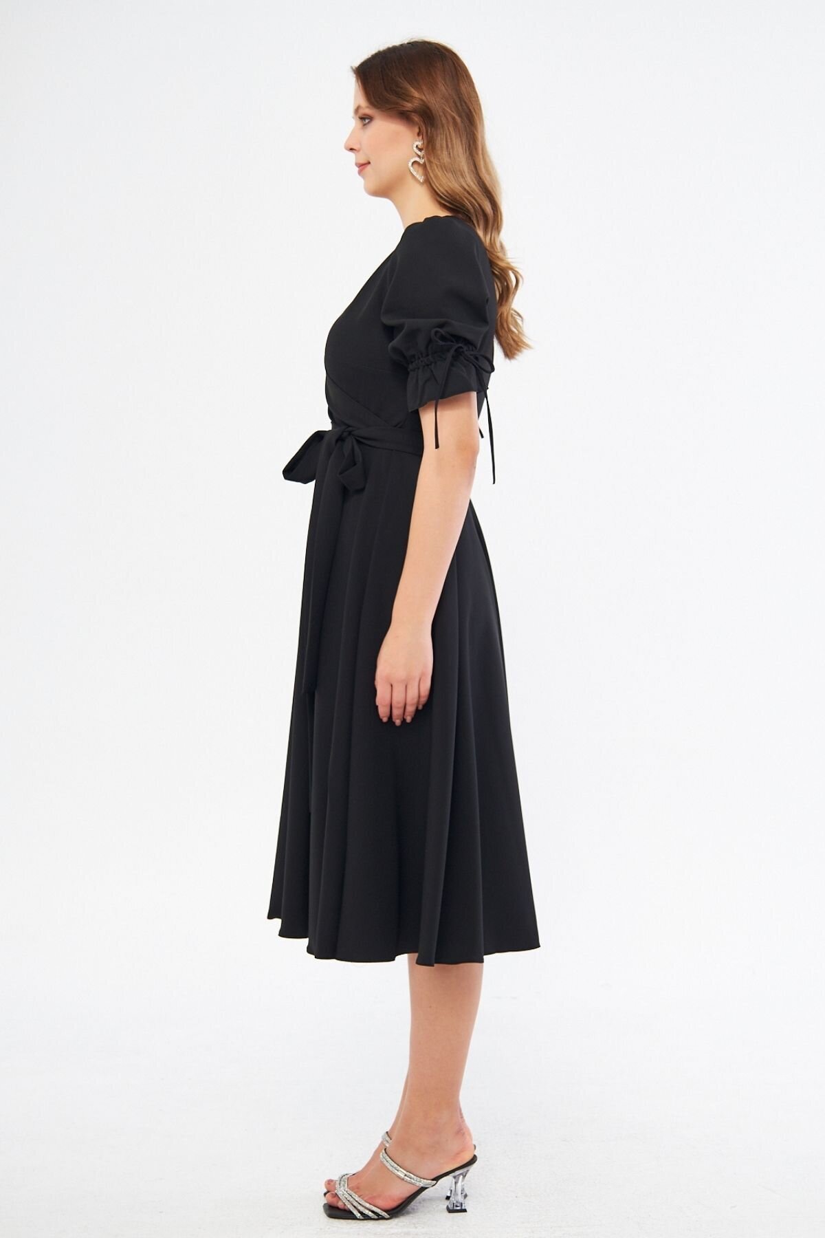 Midi Ruched Short-Sleeve Wrap-Neck Belted Dress - Black - Bidoluelbise