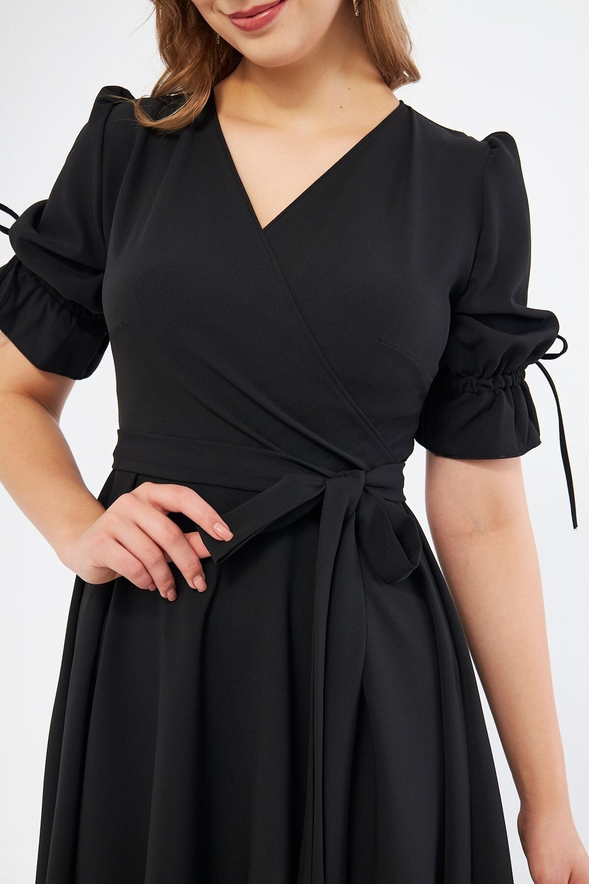 Midi Ruched Short-Sleeve Wrap-Neck Belted Dress - Black - Bidoluelbise