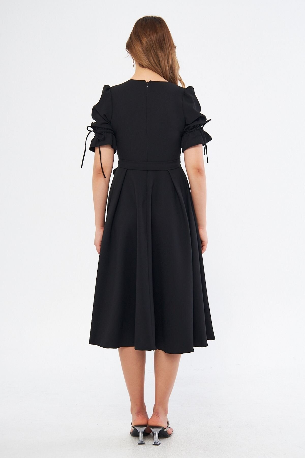 Midi Ruched Short-Sleeve Wrap-Neck Belted Dress - Black - Bidoluelbise