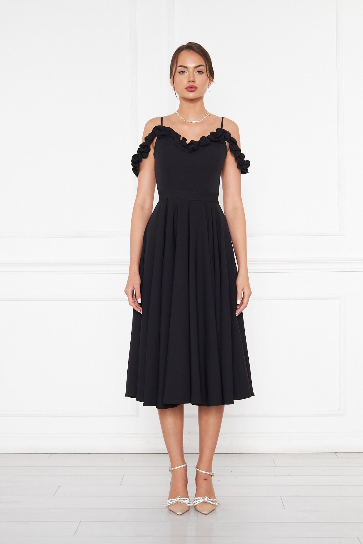 Midi Flared Pleated Woven Adjustable Strap Ruffle Neck Evening Dress - Black - Bidoluelbise