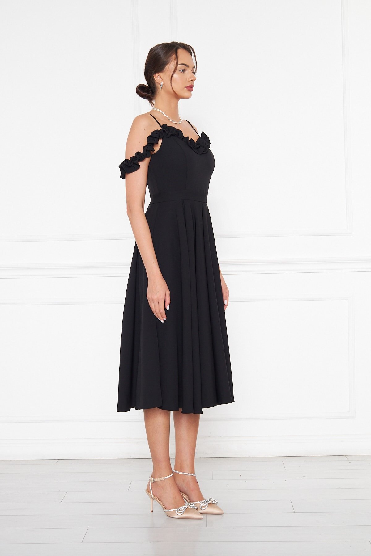 Midi Flared Pleated Woven Adjustable Strap Ruffle Neck Evening Dress - Black - Bidoluelbise