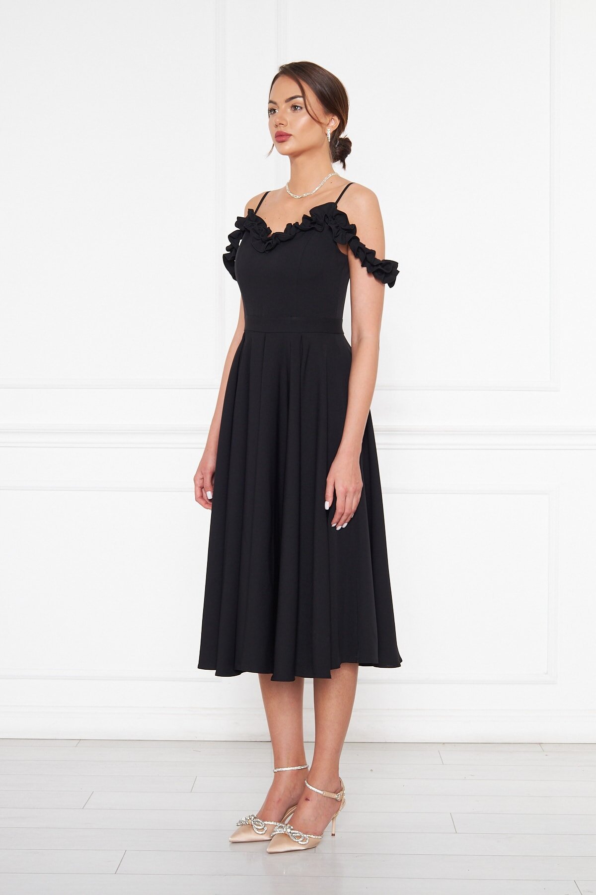 Midi Flared Pleated Woven Adjustable Strap Ruffle Neck Evening Dress - Black - Bidoluelbise