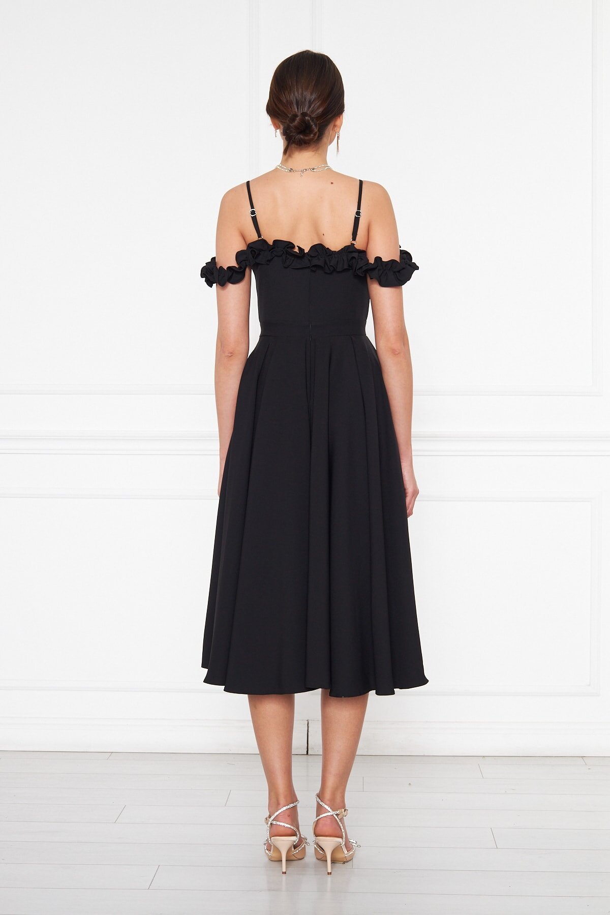 Midi Flared Pleated Woven Adjustable Strap Ruffle Neck Evening Dress - Black - Bidoluelbise