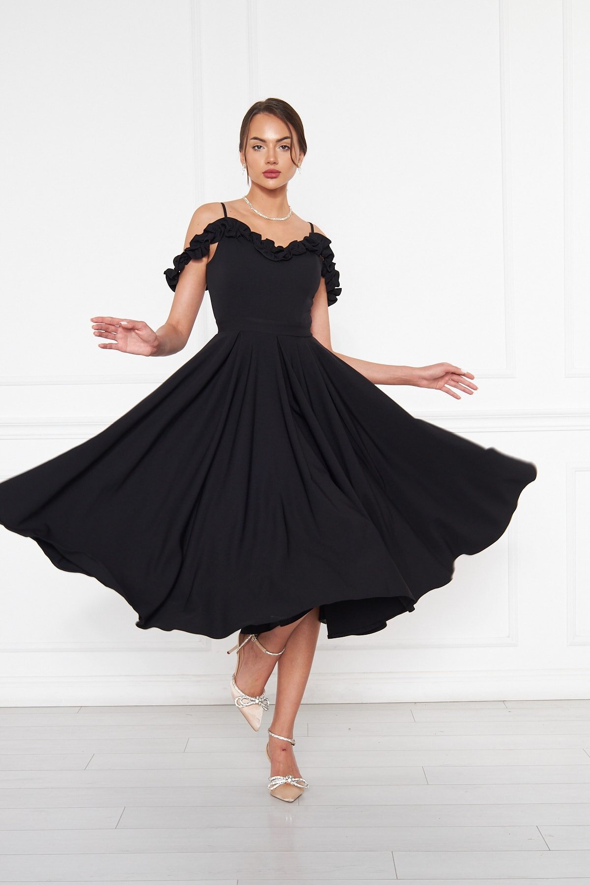 Midi Flared Pleated Woven Adjustable Strap Ruffle Neck Evening Dress - Black - Bidoluelbise