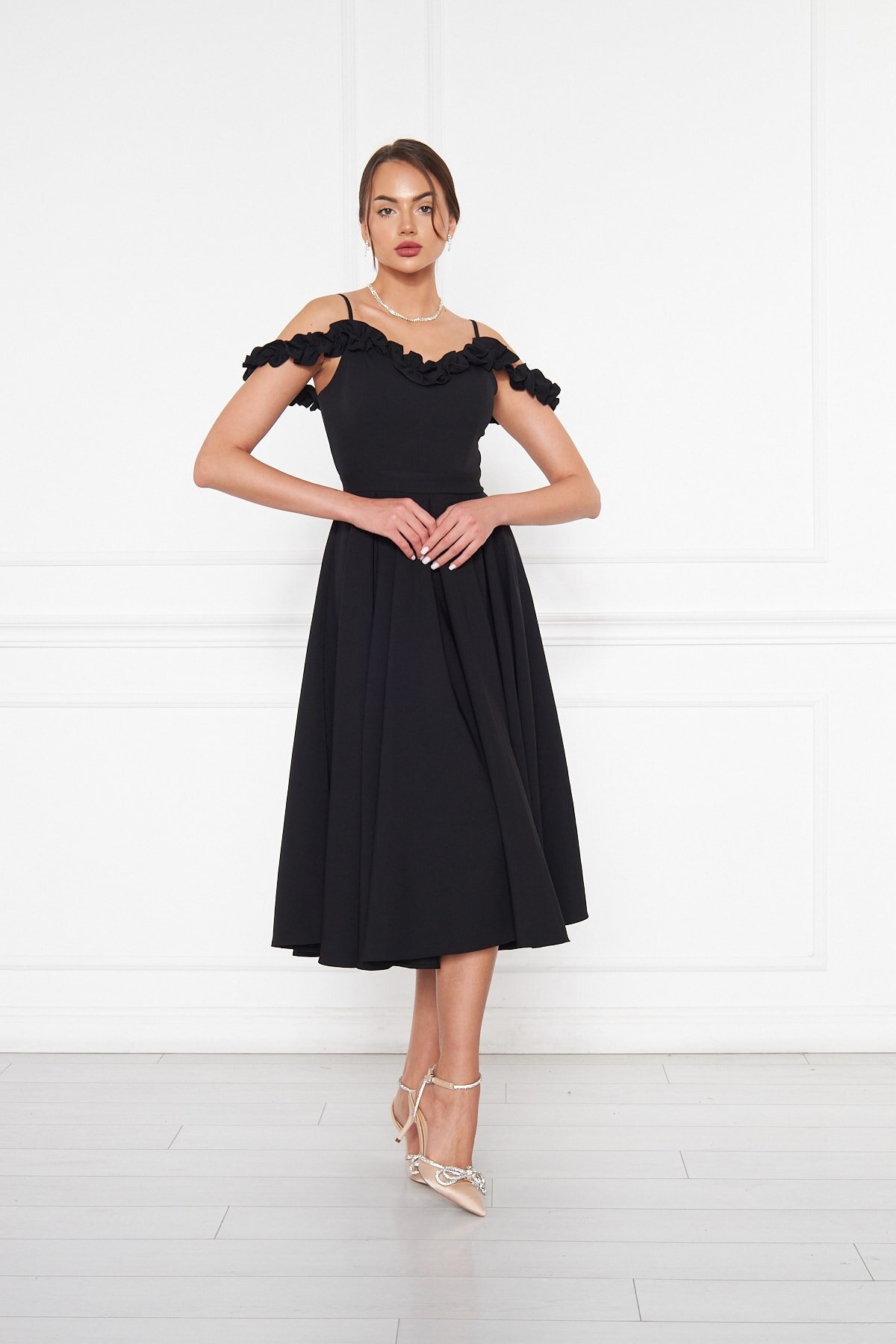 Midi Flared Pleated Woven Adjustable Strap Ruffle Neck Evening Dress - Black - Bidoluelbise