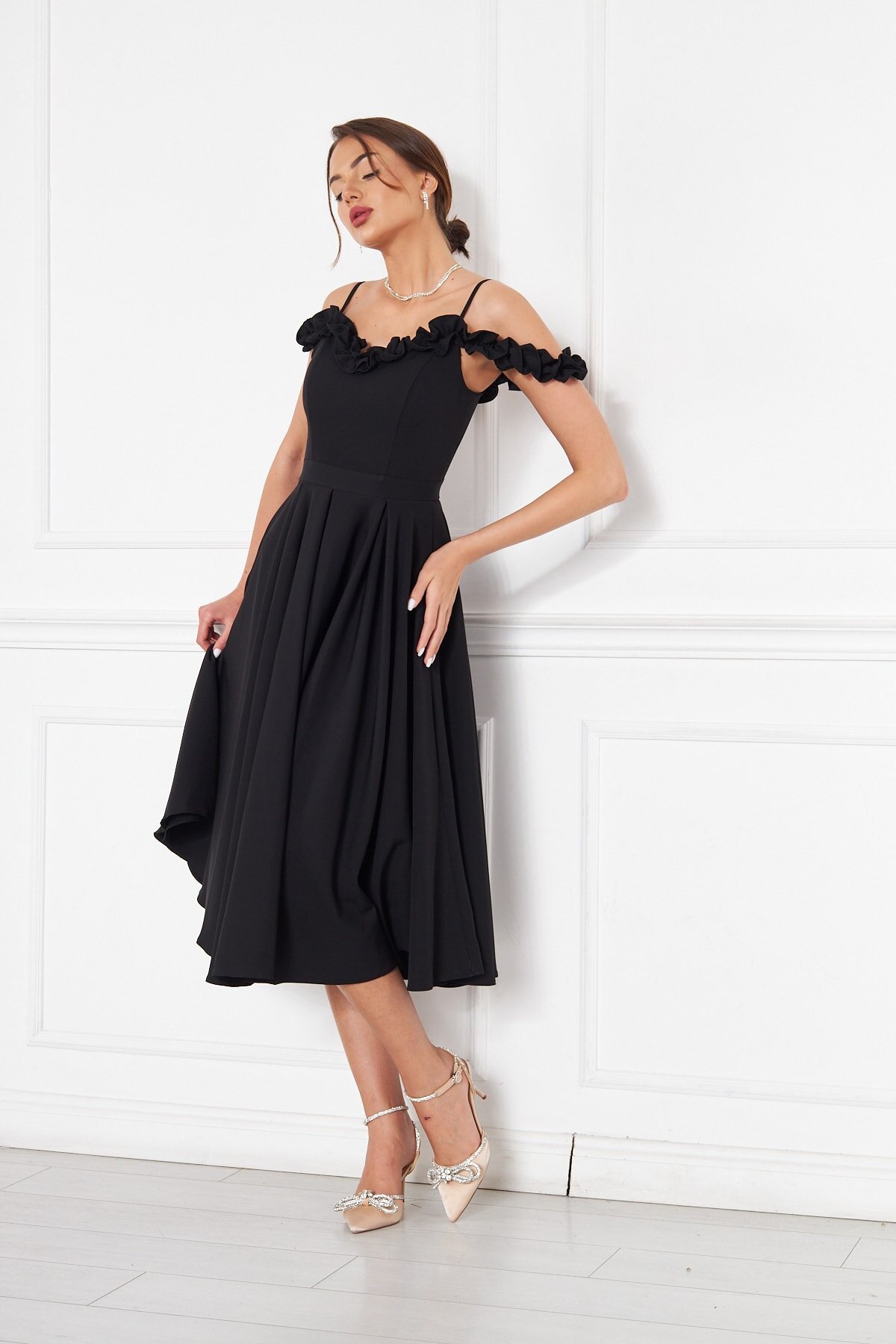 Midi Flared Pleated Woven Adjustable Strap Ruffle Neck Evening Dress - Black - Bidoluelbise