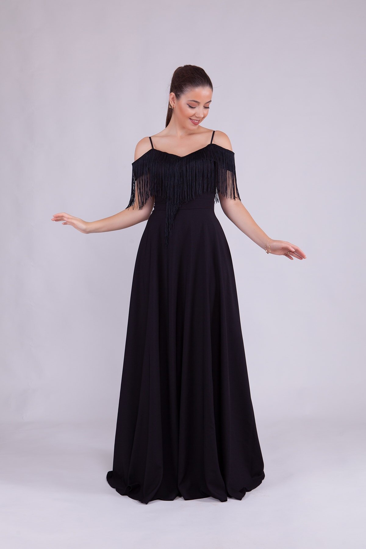 Long Strappy Boat Neck Tassel Detail Evening Dress - Black - Bidoluelbise