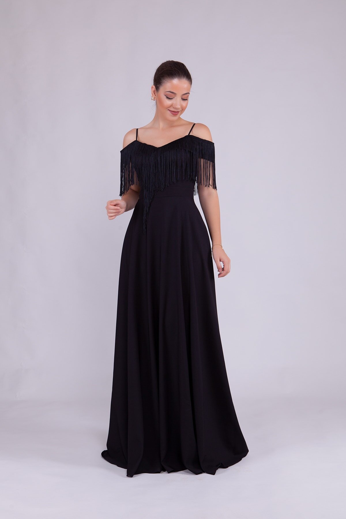 Long Strappy Boat Neck Tassel Detail Evening Dress - Black - Bidoluelbise
