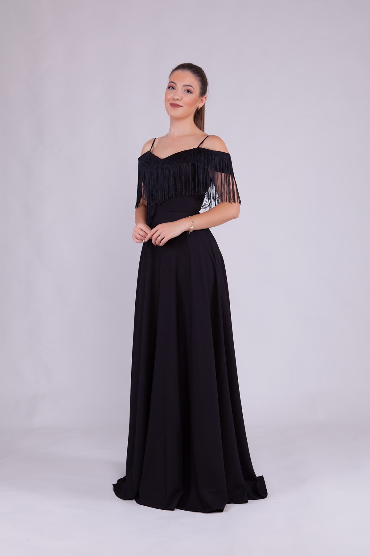 Long Strappy Boat Neck Tassel Detail Evening Dress - Black - Bidoluelbise