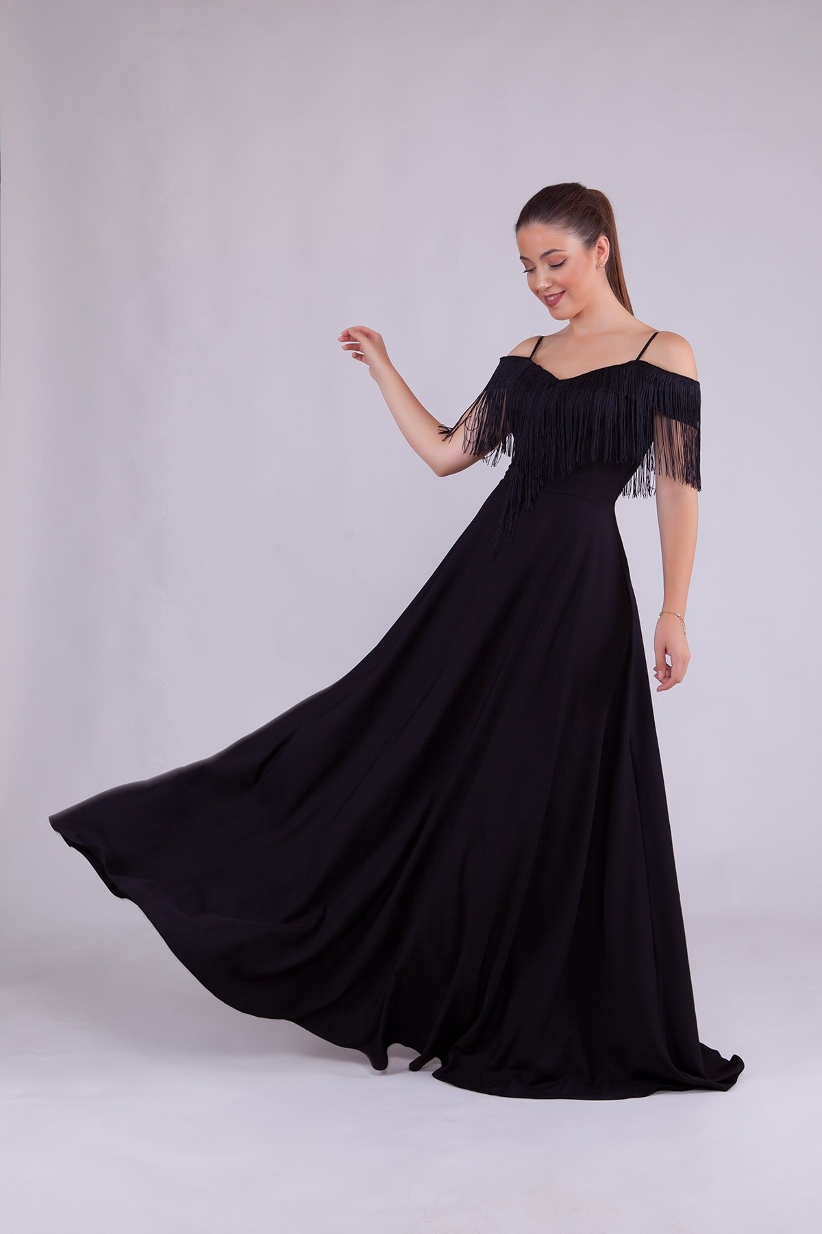 Long Strappy Boat Neck Tassel Detail Evening Dress - Black - Bidoluelbise