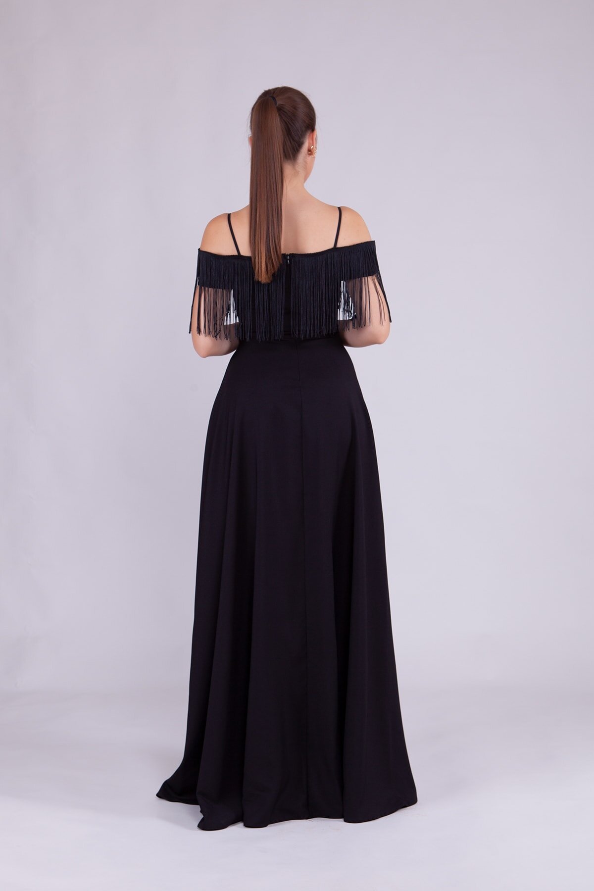 Long Strappy Boat Neck Tassel Detail Evening Dress - Black - Bidoluelbise