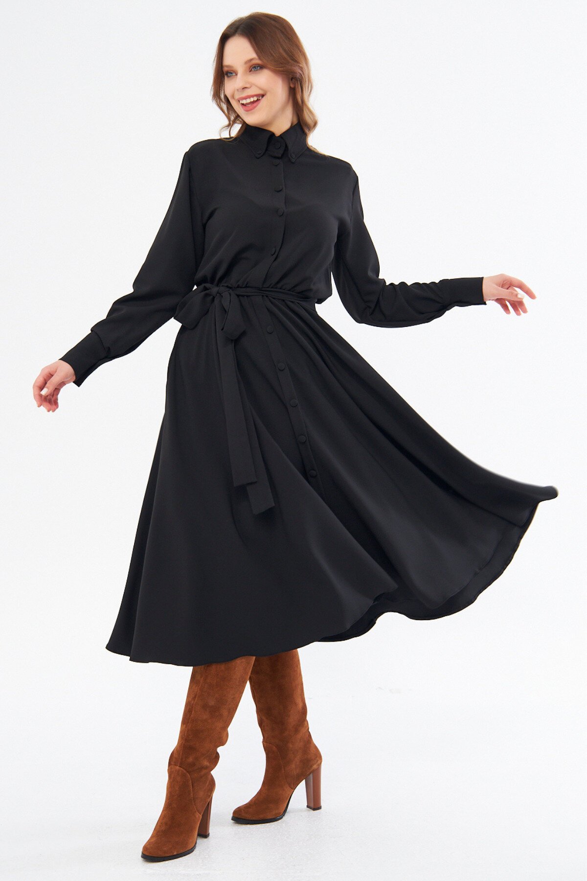 Long Sleeve Midi Shirt Belted Elasticated Waist Pockets Dress - Black - Bidoluelbise