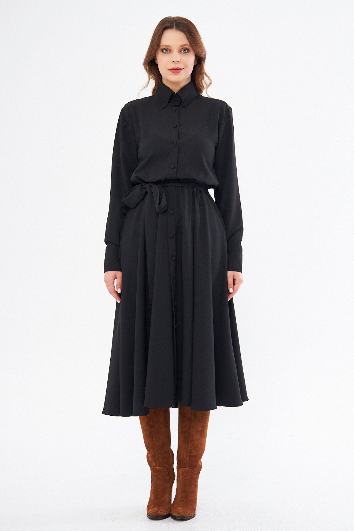 Long Sleeve Midi Shirt Belted Elasticated Waist Pockets Dress - Black - Bidoluelbise