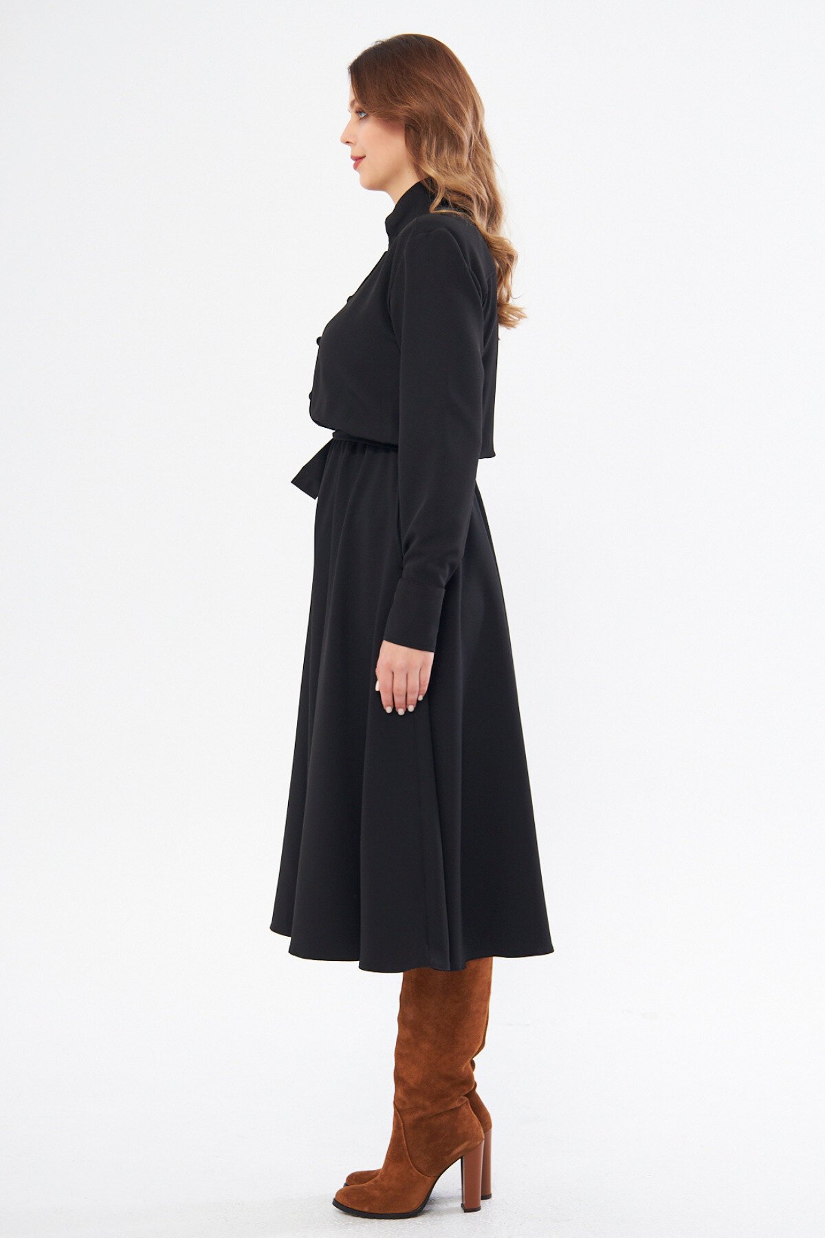 Long Sleeve Midi Shirt Belted Elasticated Waist Pockets Dress - Black - Bidoluelbise