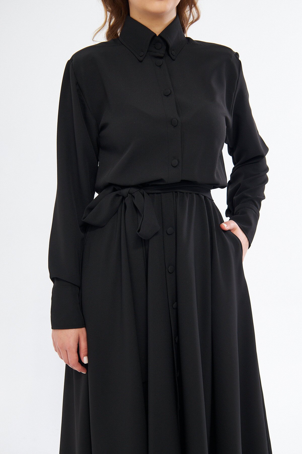 Long Sleeve Midi Shirt Belted Elasticated Waist Pockets Dress - Black - Bidoluelbise
