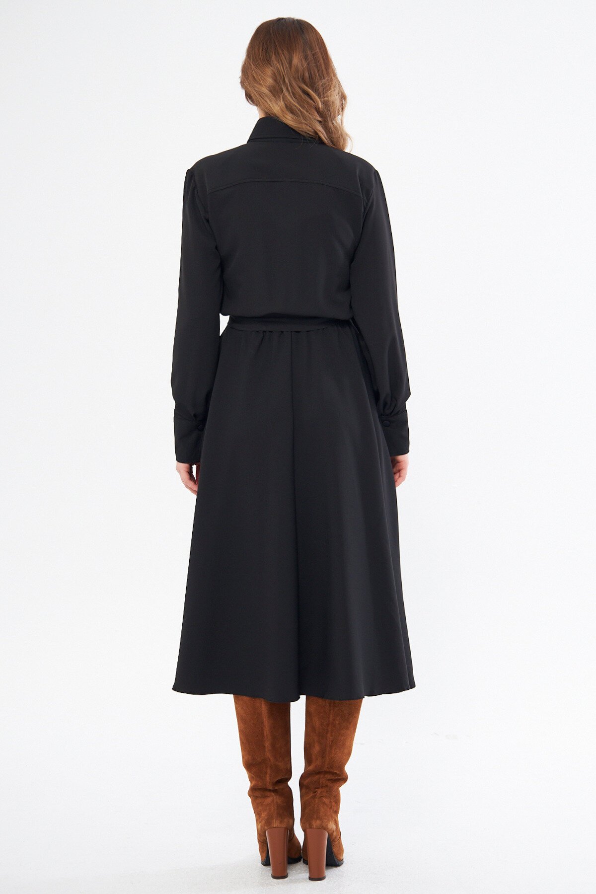 Long Sleeve Midi Shirt Belted Elasticated Waist Pockets Dress - Black - Bidoluelbise