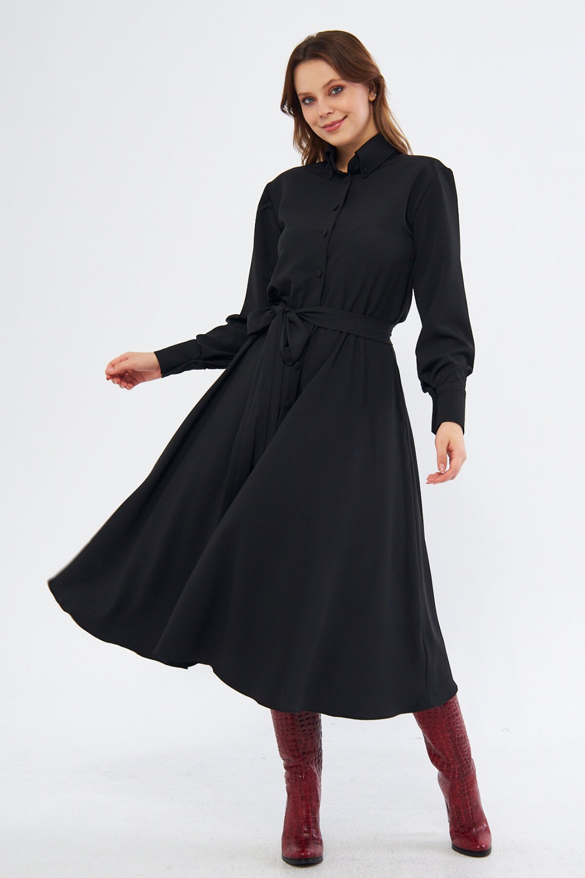 Long Sleeve Midi Shirt Belted Elasticated Waist Pockets Dress - Black - Bidoluelbise