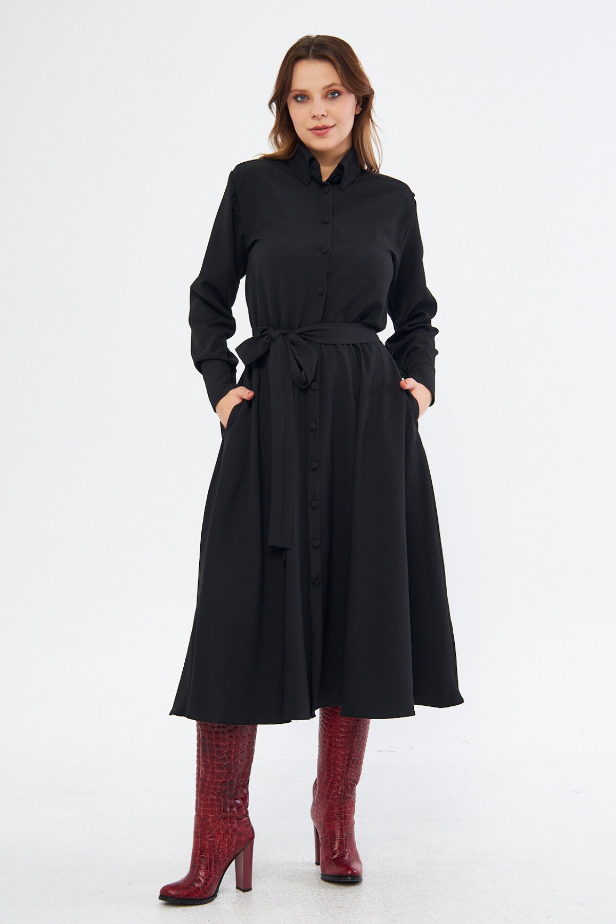 Long Sleeve Midi Shirt Belted Elasticated Waist Pockets Dress - Black - Bidoluelbise
