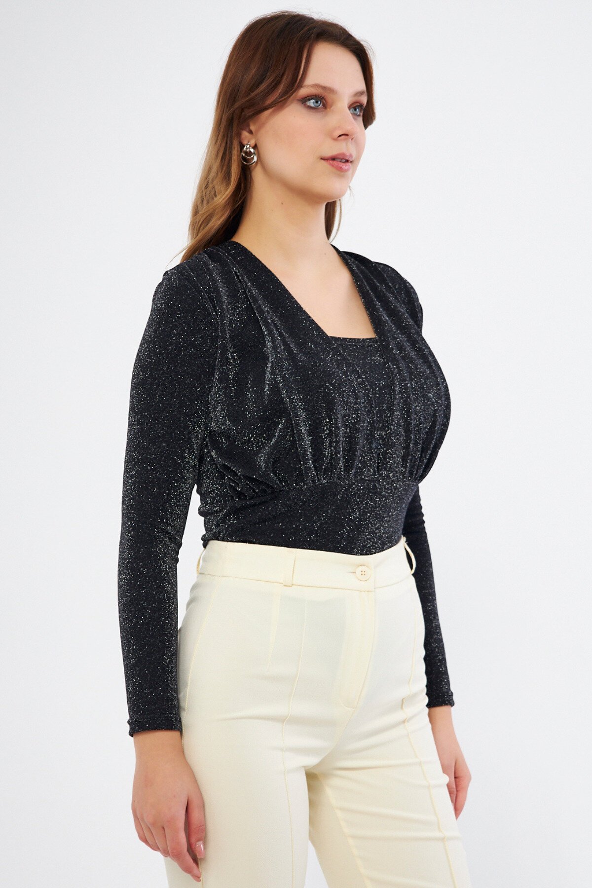 Long Sleeve Knitted Shimmer Shirred Snap-Button Bodysuit - Black - Bidoluelbise