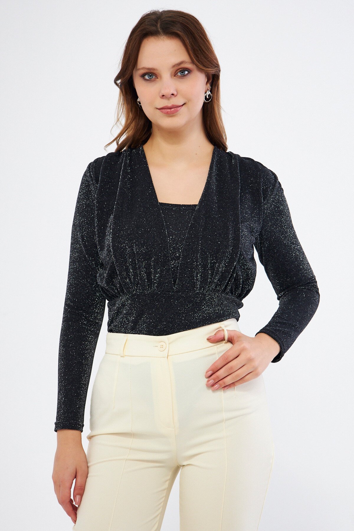 Long Sleeve Knitted Shimmer Shirred Snap-Button Bodysuit - Black - Bidoluelbise
