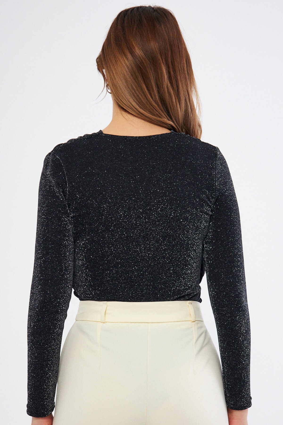 Long Sleeve Knitted Shimmer Shirred Snap-Button Bodysuit - Black - Bidoluelbise
