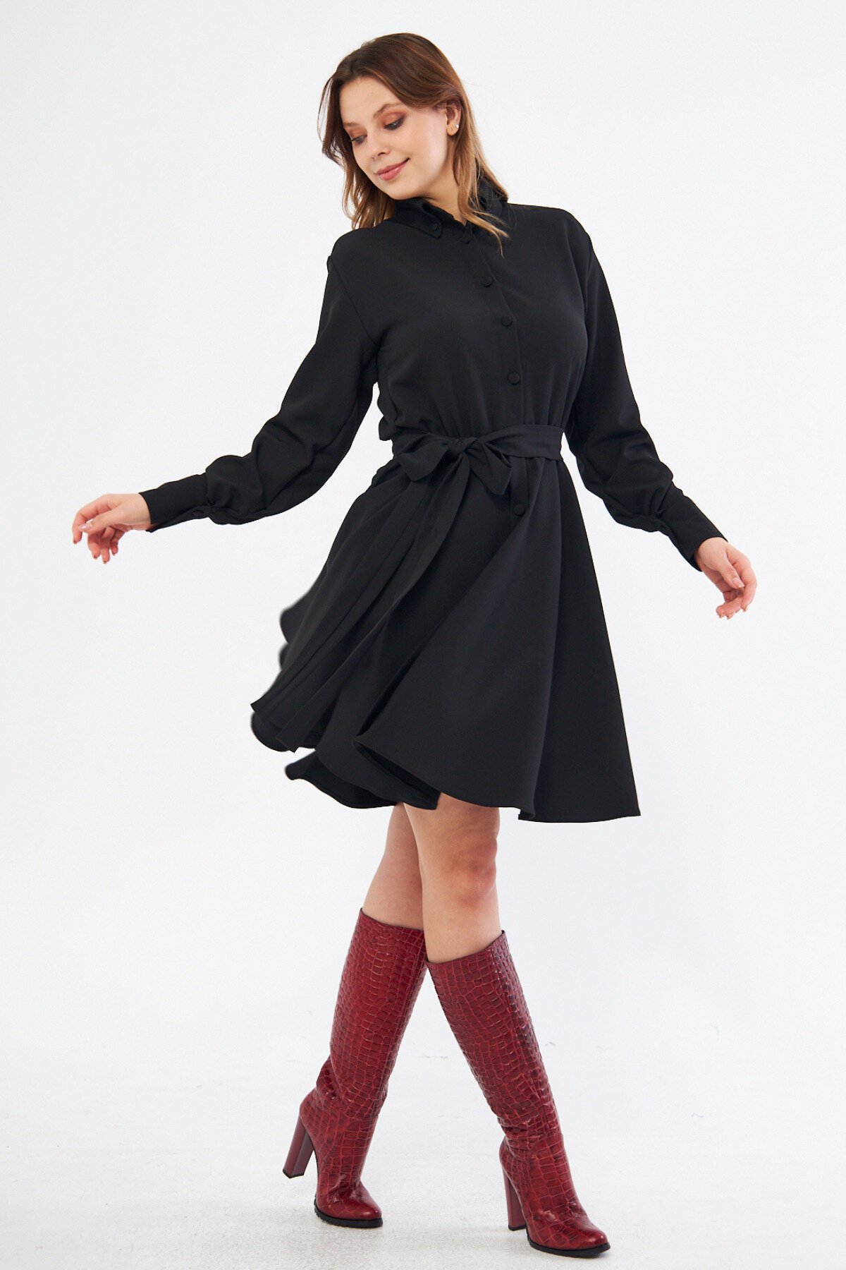 Mini Flowy Long-Sleeve Belted Elastic-Waist Shirt Dress - Black - Bidoluelbise