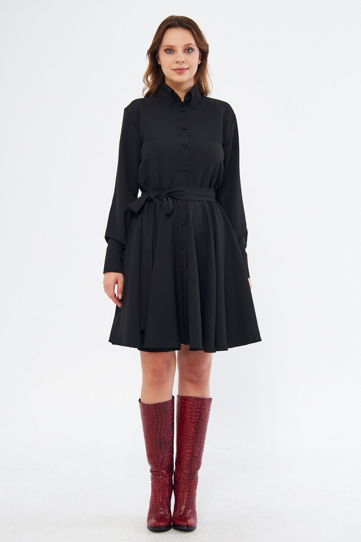Mini Flowy Long-Sleeve Belted Elastic-Waist Shirt Dress - Black - Bidoluelbise