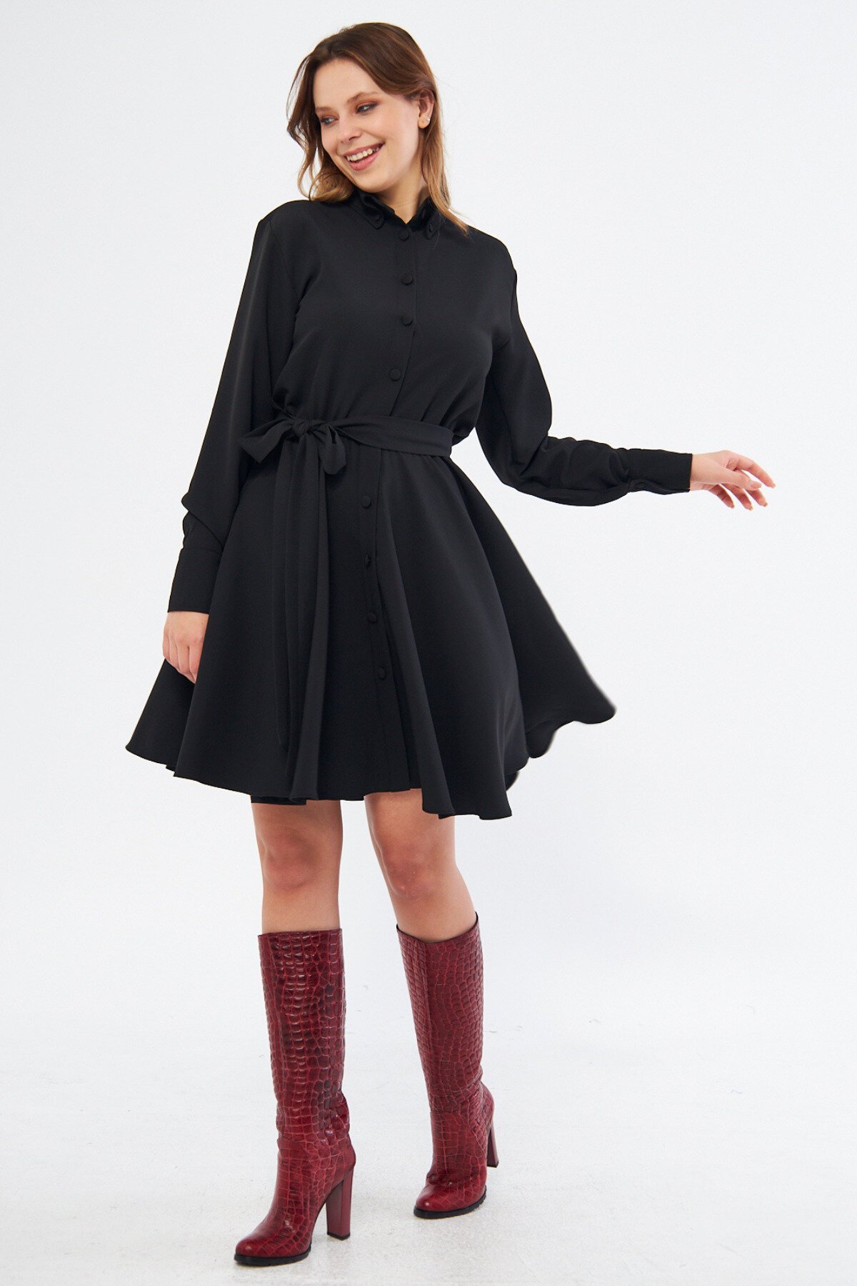 Mini Flowy Long-Sleeve Belted Elastic-Waist Shirt Dress - Black - Bidoluelbise
