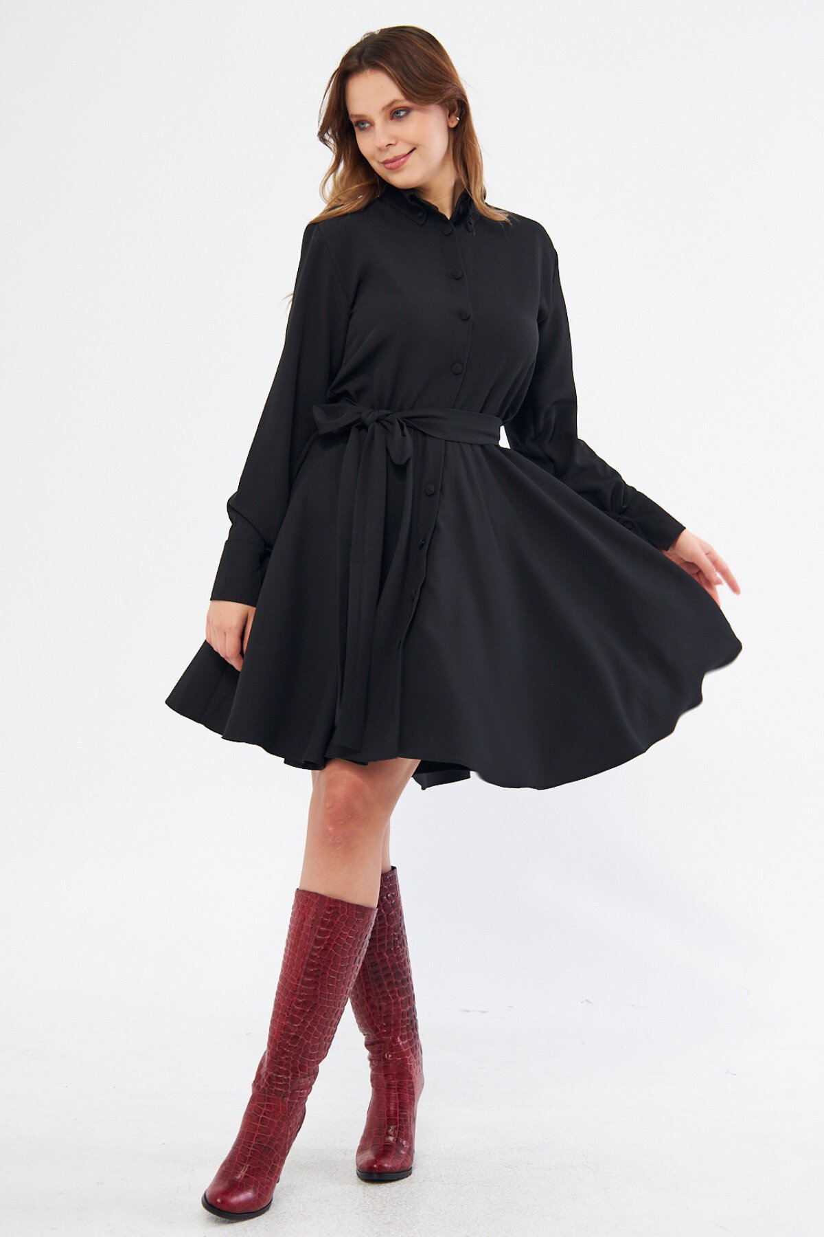 Mini Flowy Long-Sleeve Belted Elastic-Waist Shirt Dress - Black - Bidoluelbise