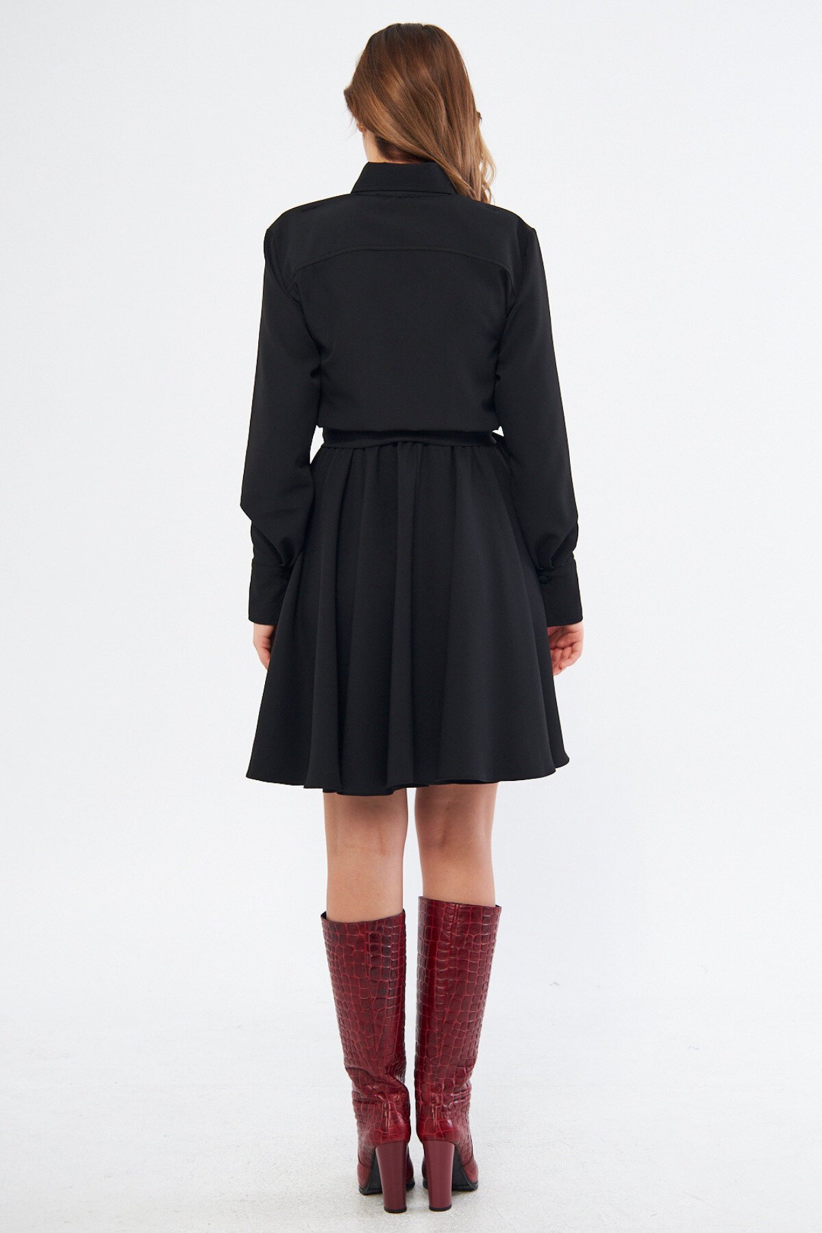 Mini Flowy Long-Sleeve Belted Elastic-Waist Shirt Dress - Black - Bidoluelbise