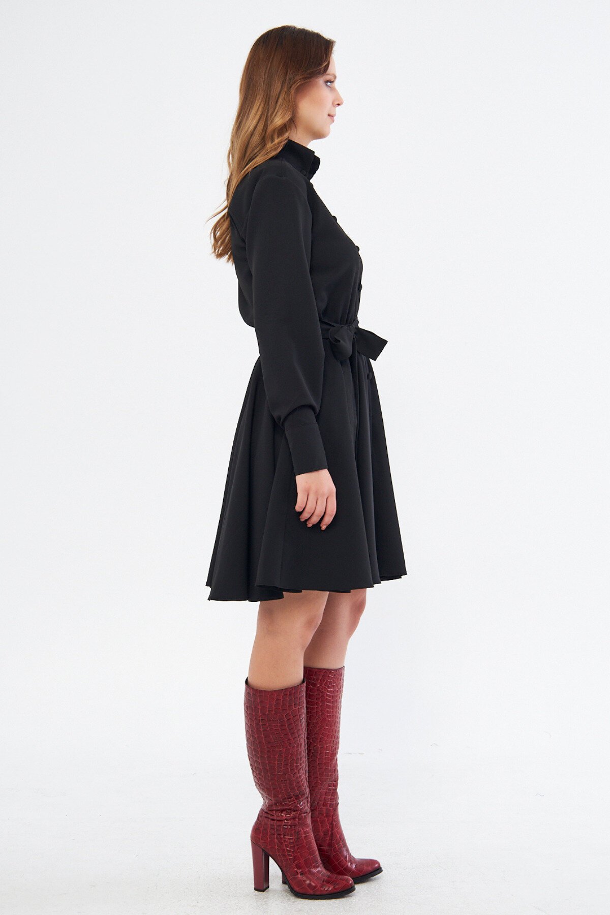 Mini Flowy Long-Sleeve Belted Elastic-Waist Shirt Dress - Black - Bidoluelbise