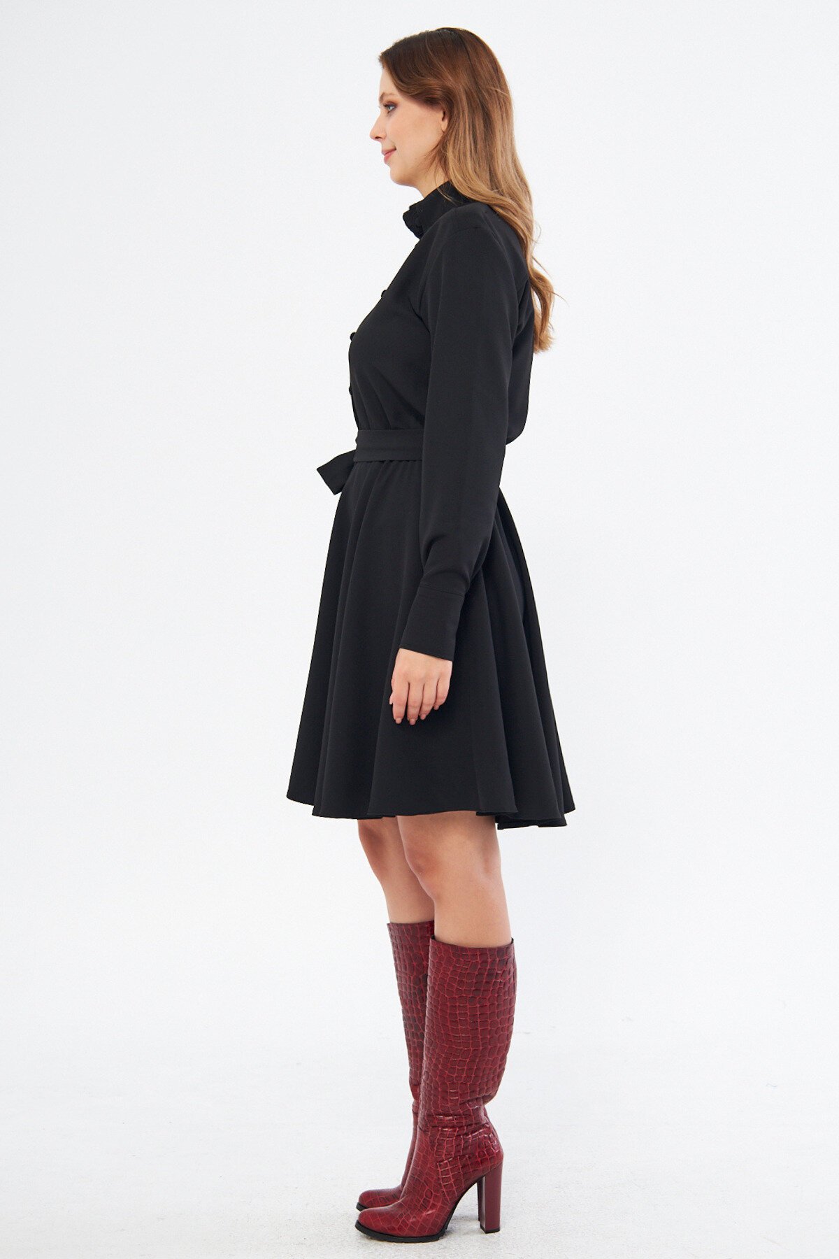 Mini Flowy Long-Sleeve Belted Elastic-Waist Shirt Dress - Black - Bidoluelbise