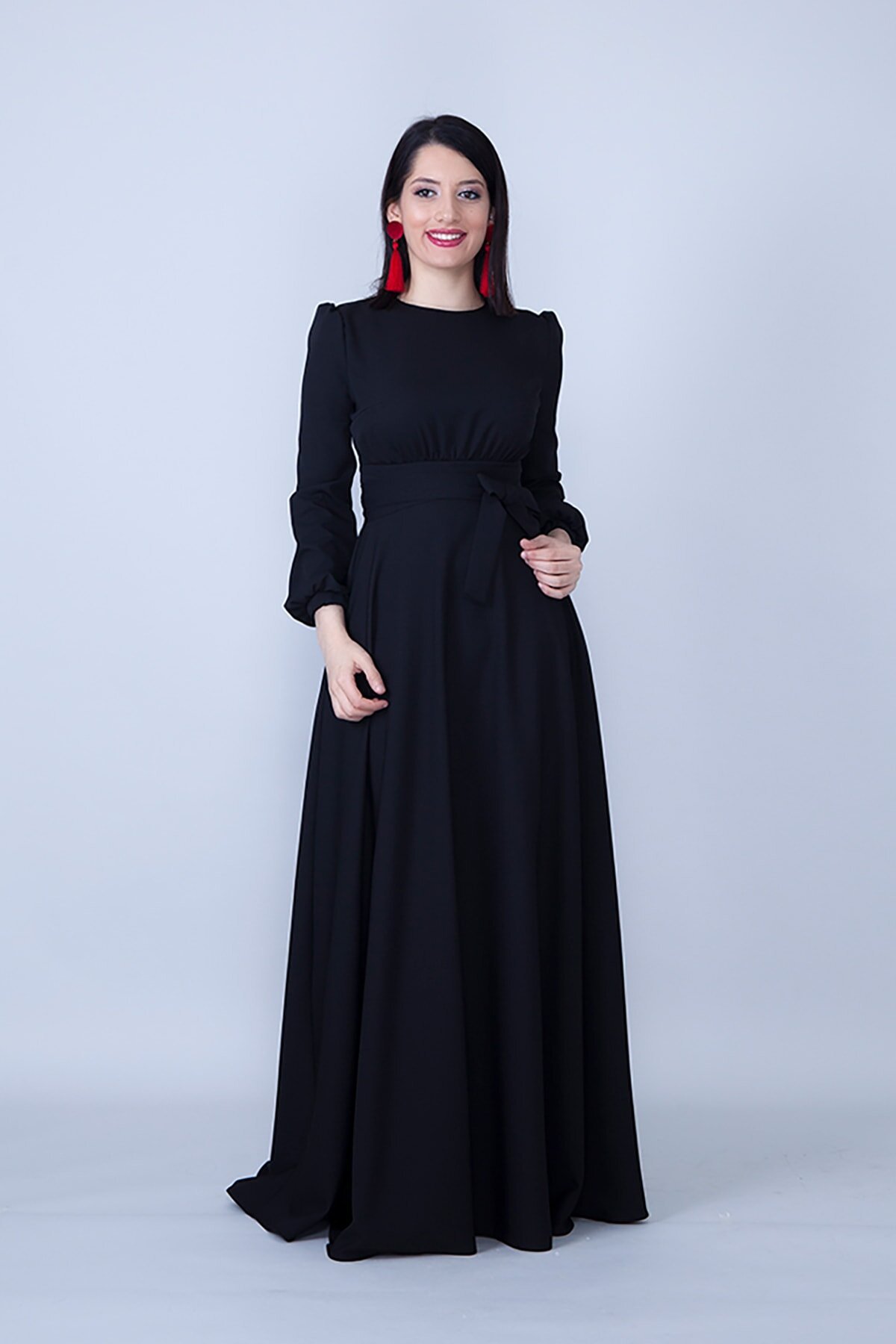 Woven Shirred Waist Belted Modest Evening Dress - Black - Bidoluelbise