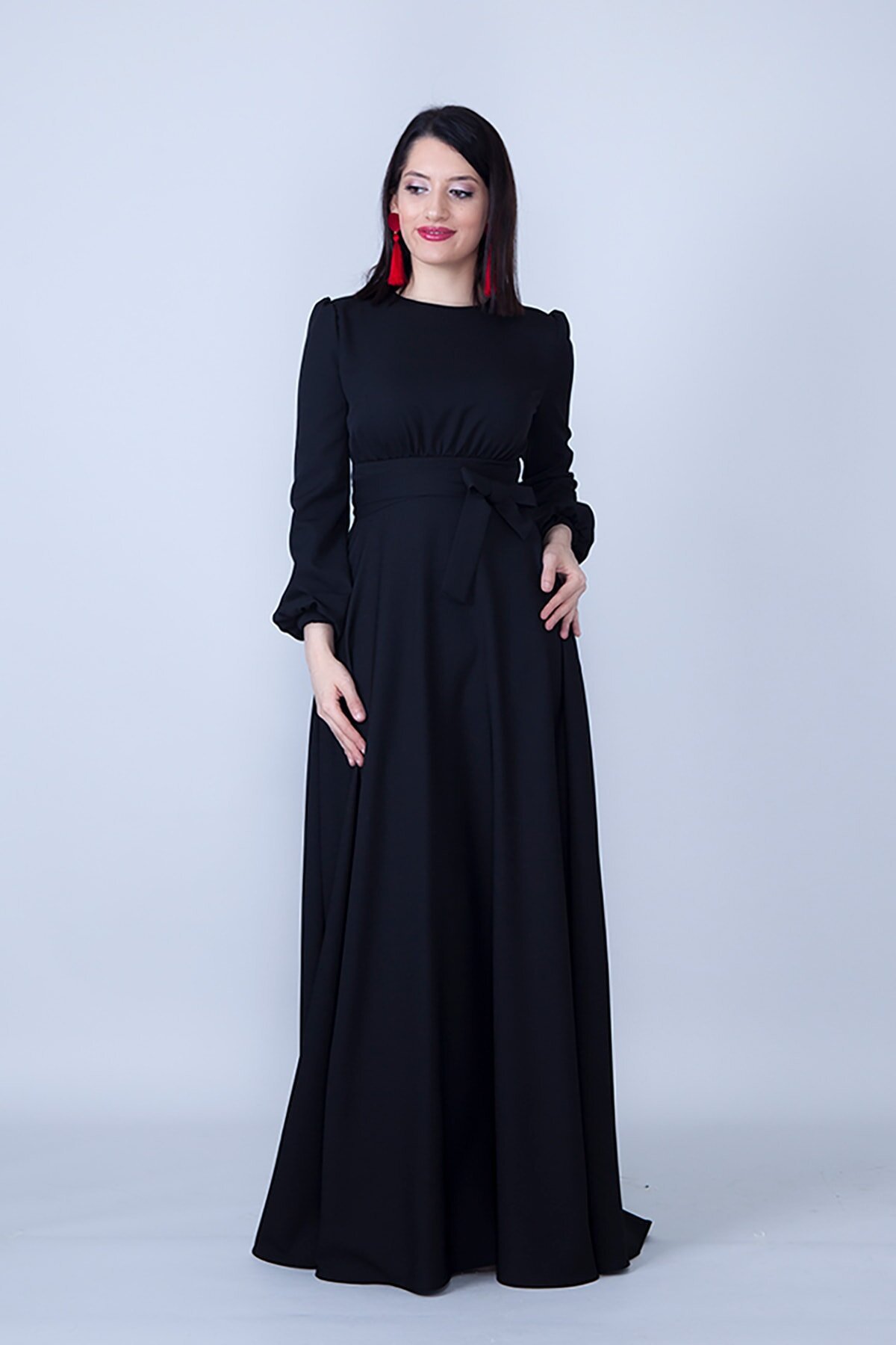 Woven Shirred Waist Belted Modest Evening Dress - Black - Bidoluelbise