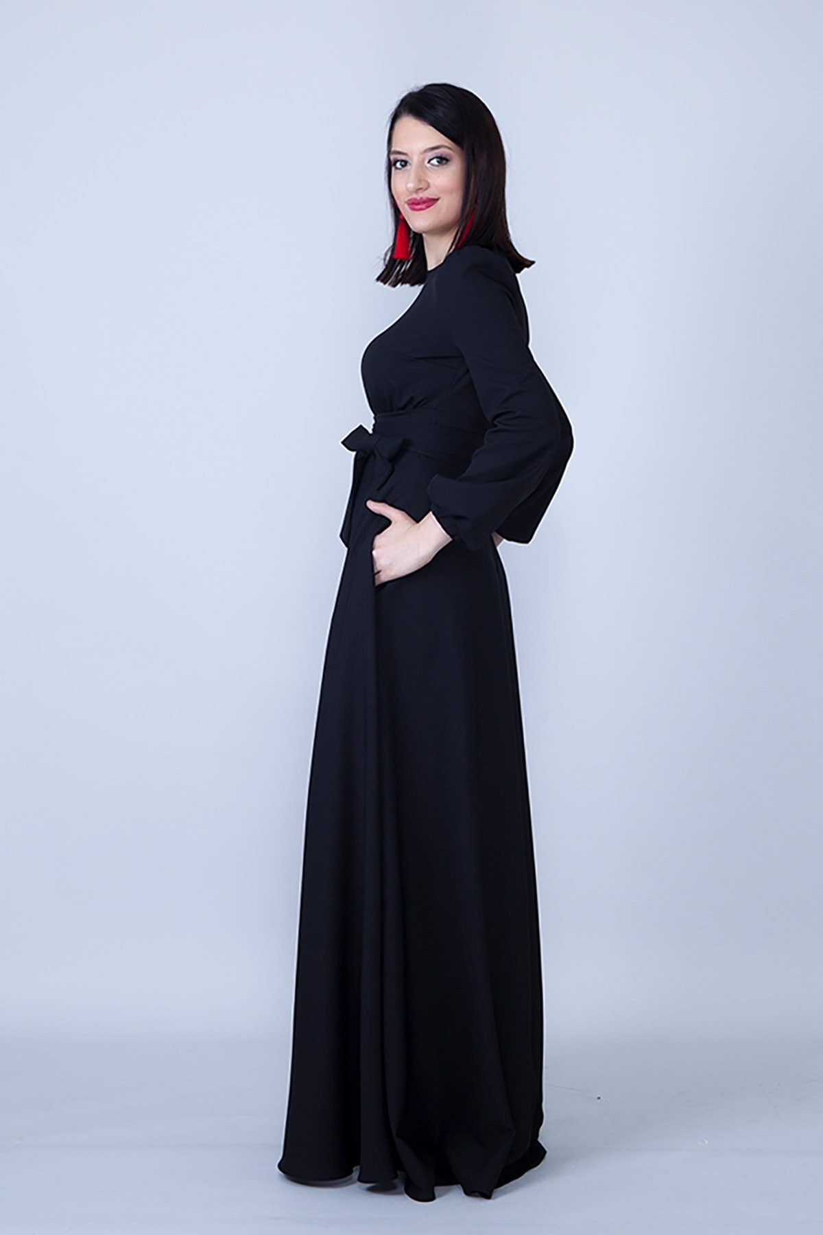 Woven Shirred Waist Belted Modest Evening Dress - Black - Bidoluelbise