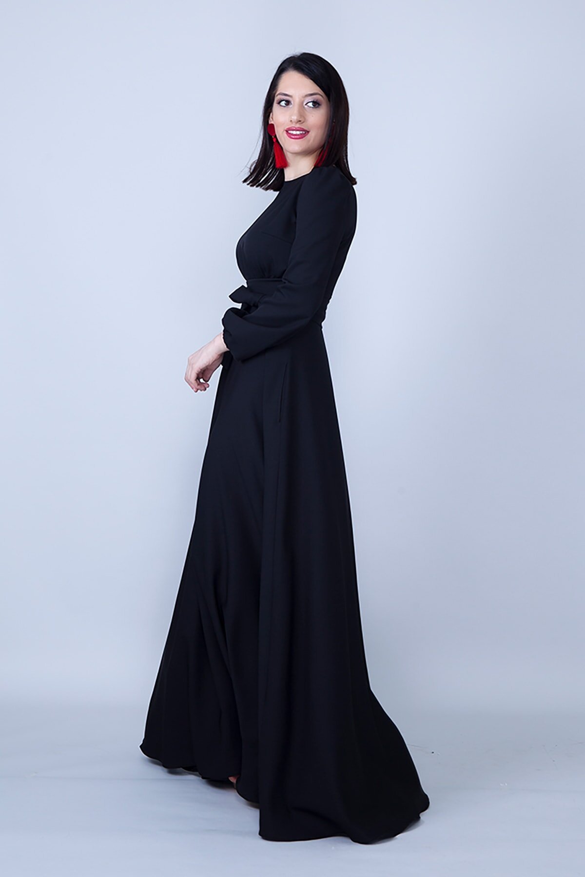 Woven Shirred Waist Belted Modest Evening Dress - Black - Bidoluelbise