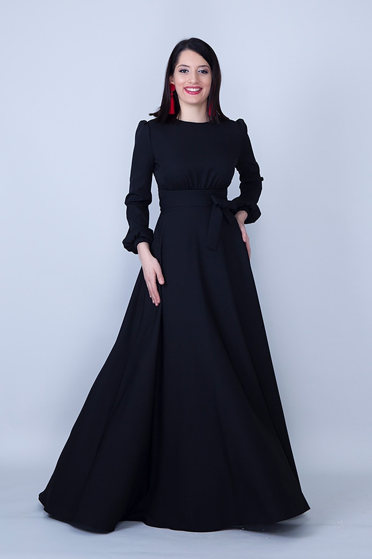 Woven Shirred Waist Belted Modest Evening Dress - Black - Bidoluelbise