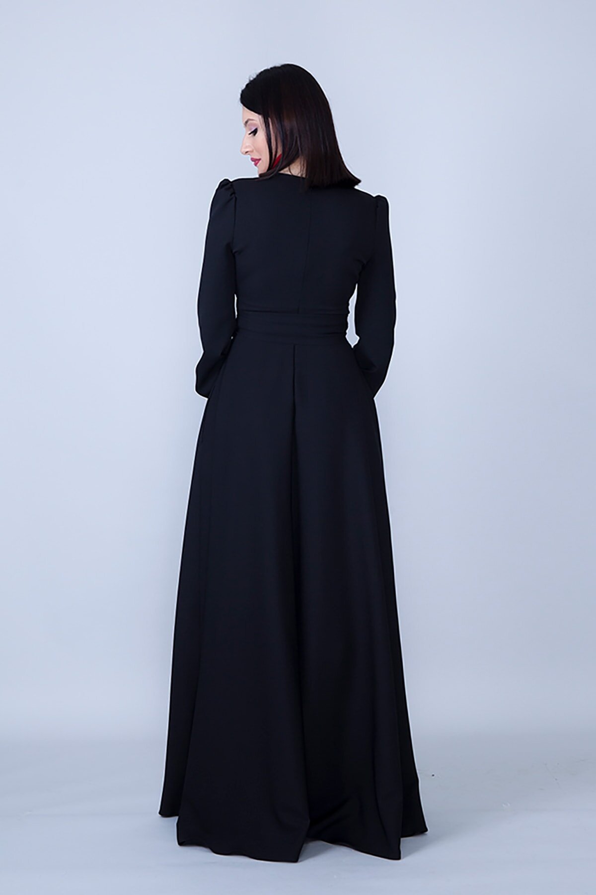 Woven Shirred Waist Belted Modest Evening Dress - Black - Bidoluelbise
