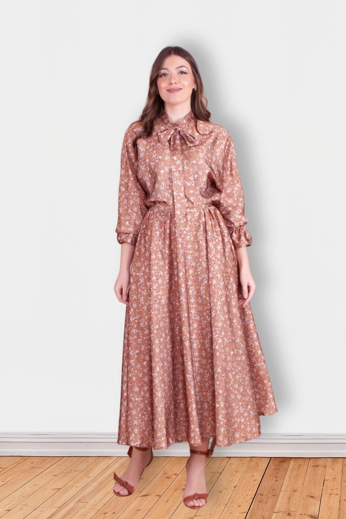 Modest Floral Print Satin Batwing Sleeve Evening Dress - Tan - Bidoluelbise
